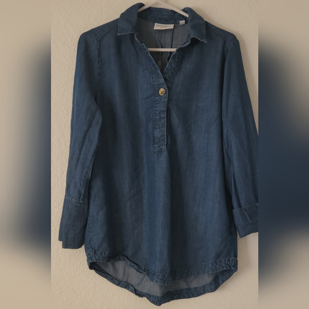 Weekend Routine by Sharagano Casual Blue Denim Shirt Long Sleeve Size S
